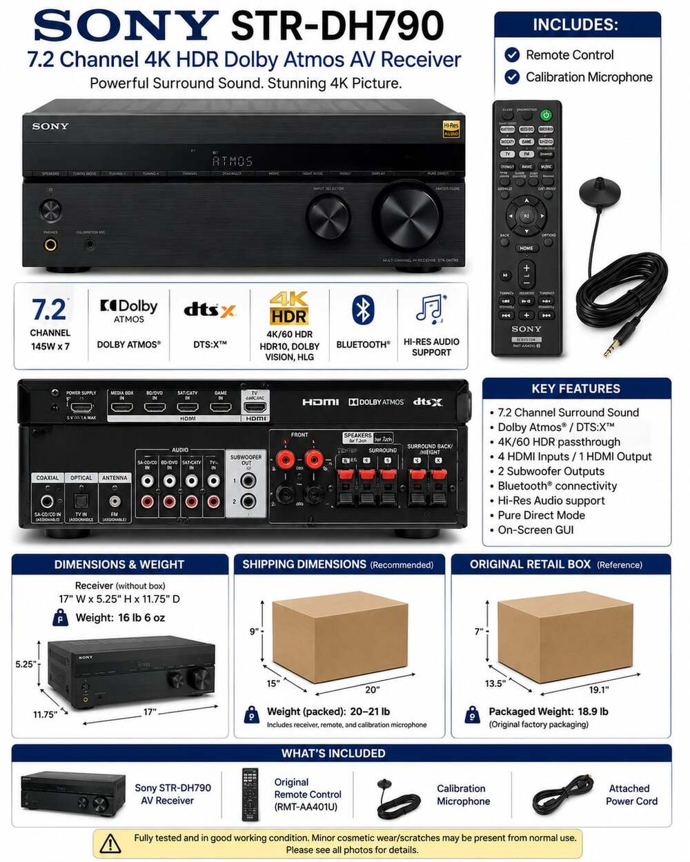 Sony STR-DH790 7.2 4K HDR Dolby Atmos AV Receiver Remote Mic Bundle - Picture 14 of 14